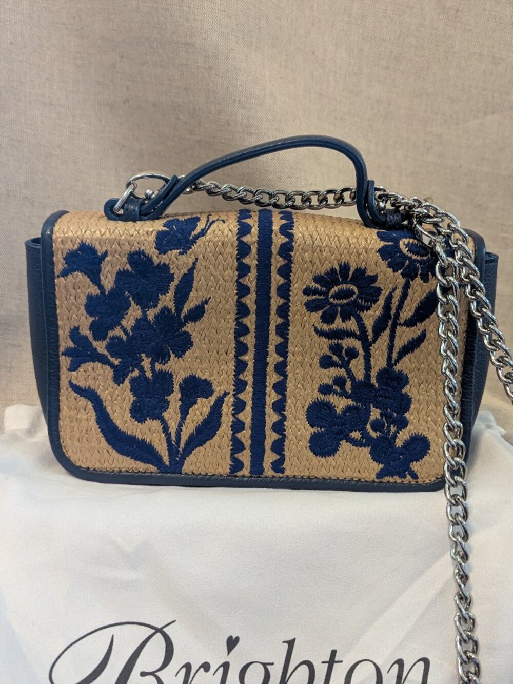Brighton Blue Floral Embroidered Straw Crossbody Bag with Silver Chain - Picture 2 of 3